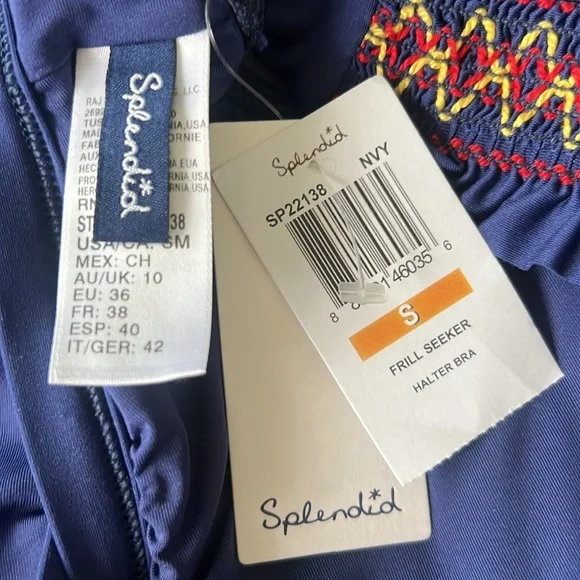 Splendid Frill Seeker Navy Blue Halter Bikini Top SP22138 NWT Size Small - Picture 3 of 8